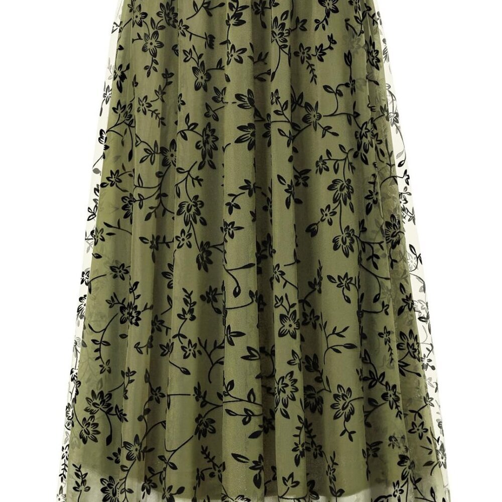 Midi Tulle Skirt Elegant A-Line Floral High Waist Summer Dressy Casual